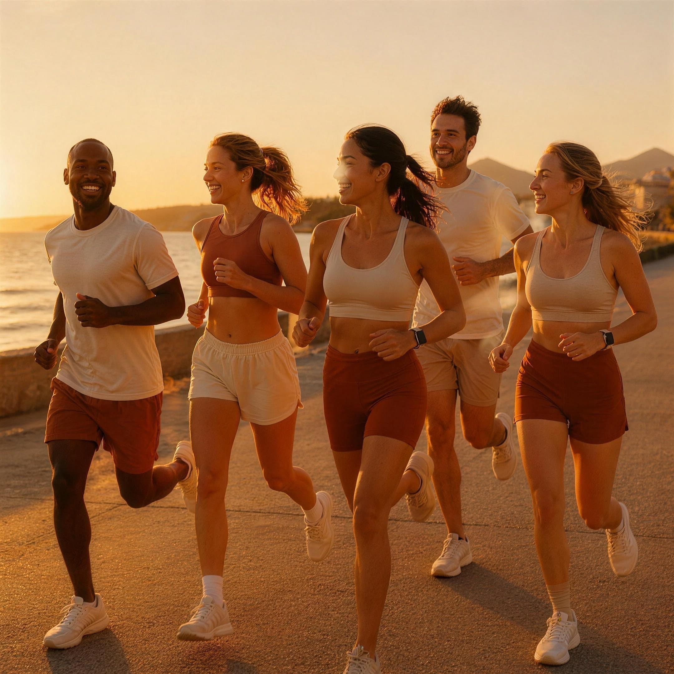 Grupo de amigos correndo juntos no fim da tarde